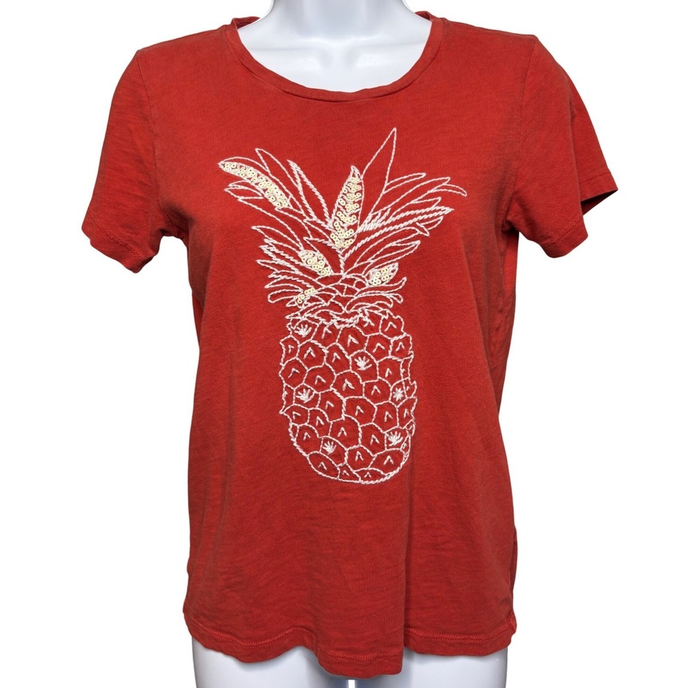 J. CREW Womens Rust Red Pineapple Embroidered Sequin Collector T-Shirt XS Girly